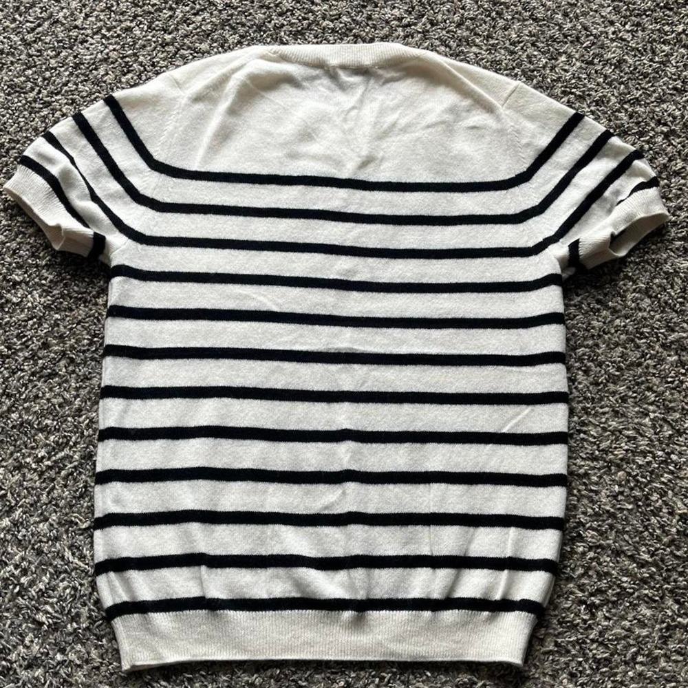 Quince Mongolian Cashmere Striped Short Sleeve Sweater Ivory Black L STIEC01 - Picture 4 of 6